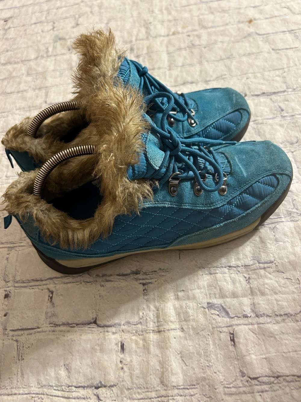 LANDS’ END POWDER BLUE BELLE TEAL FAUX SUEDE & FUR COLLAR TRIM BOOTS WOMEN’S 11B